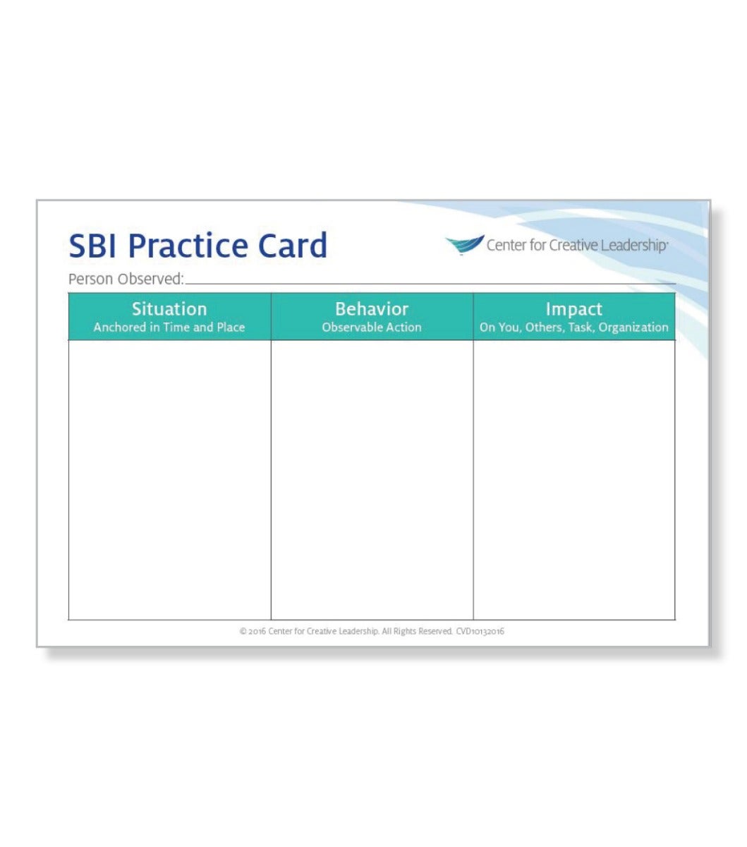CCL's Feedback That Works: Coach With Conversations - Tips for Practicing SBI note pad. 